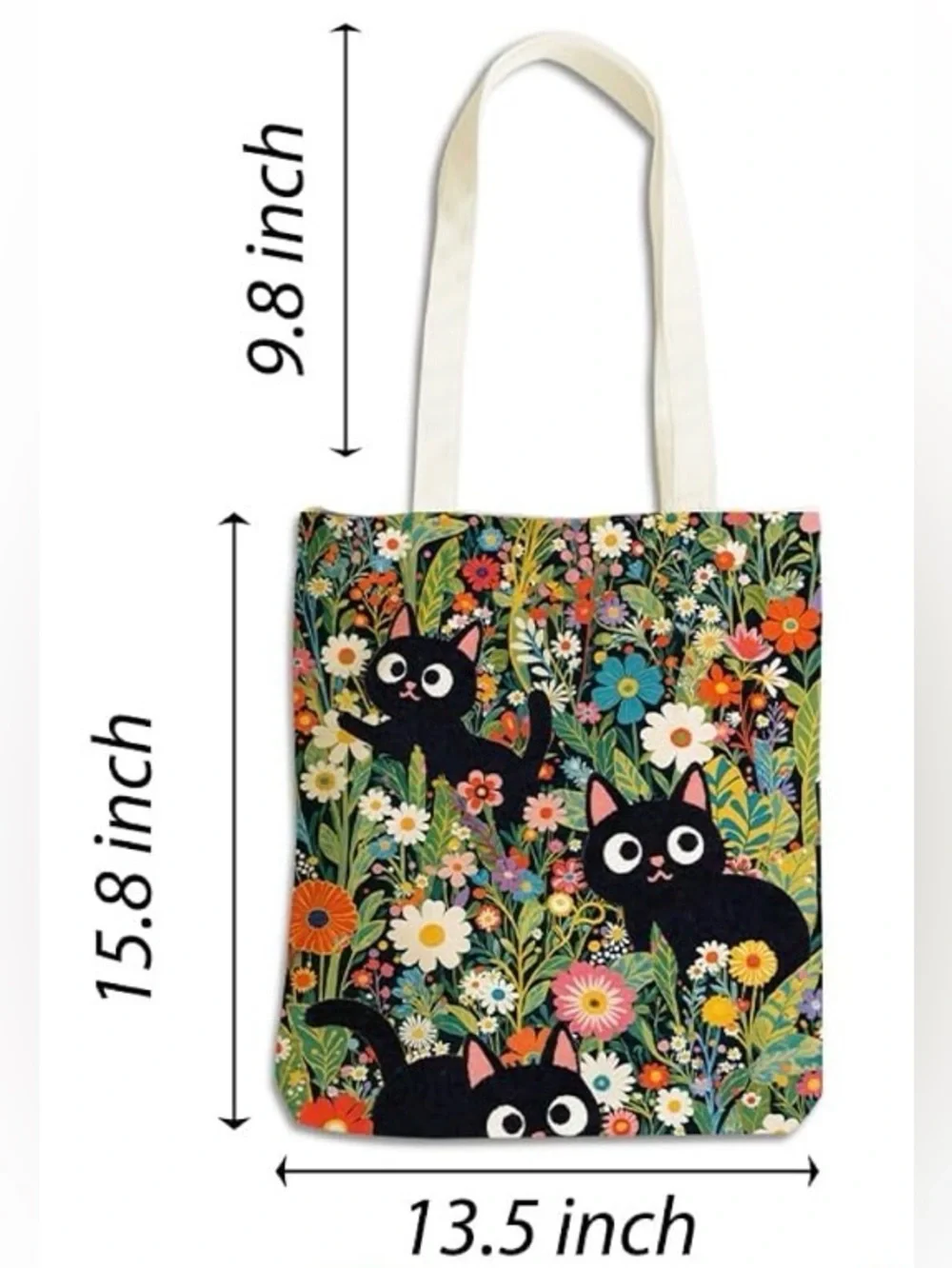 Black Cat Floral Tote Bag - Cute Cat Print Canvas Shopper. NWT